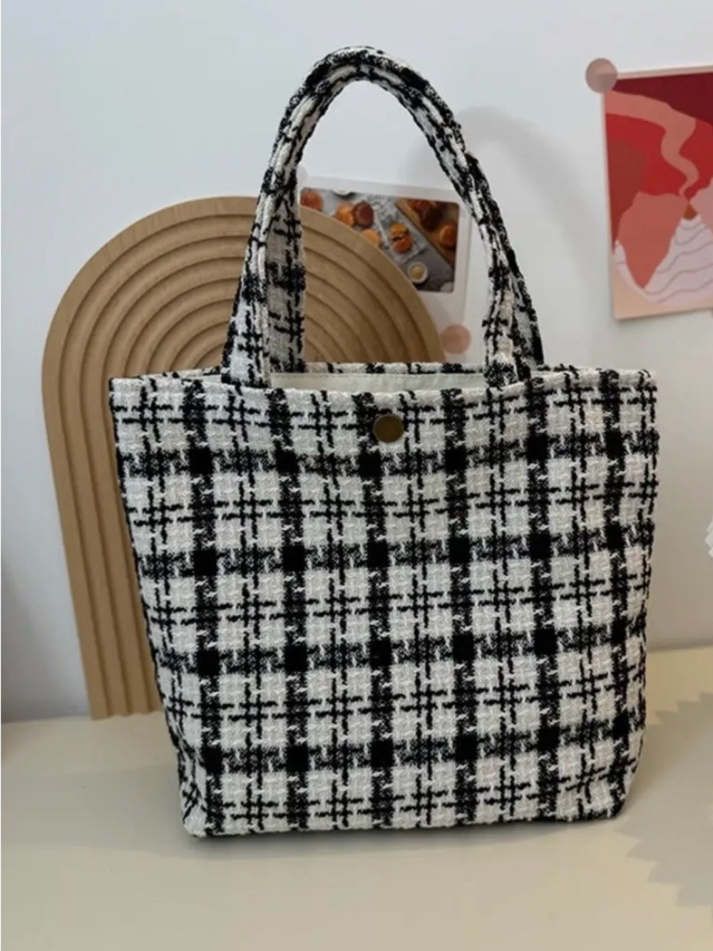 🐿️-Cosbai -Minimalist Black & White Plaid Tote Bag - New-Boutique